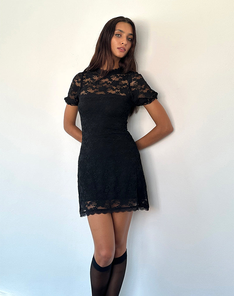 Mini vestido de té Adele de encaje negro jazmín