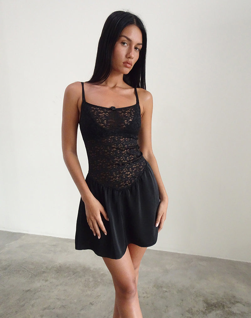 Alunan Slip Dress de Encaje Satinado Negro