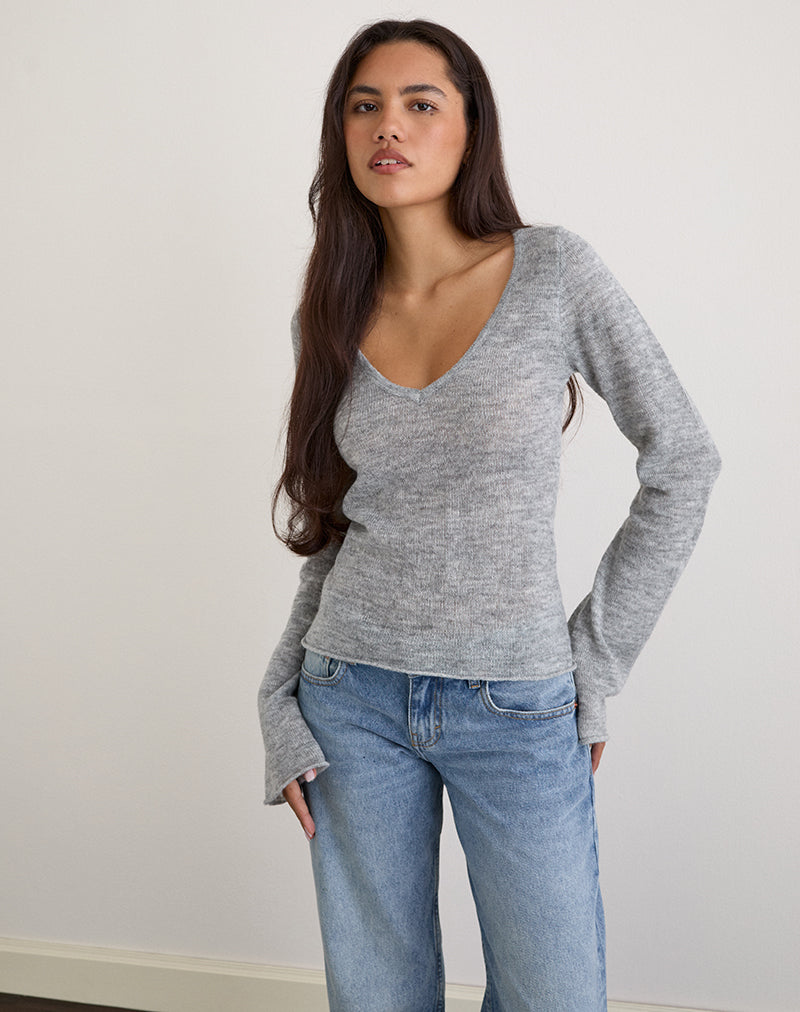 Top Ashla de manga larga en punto transparente gris