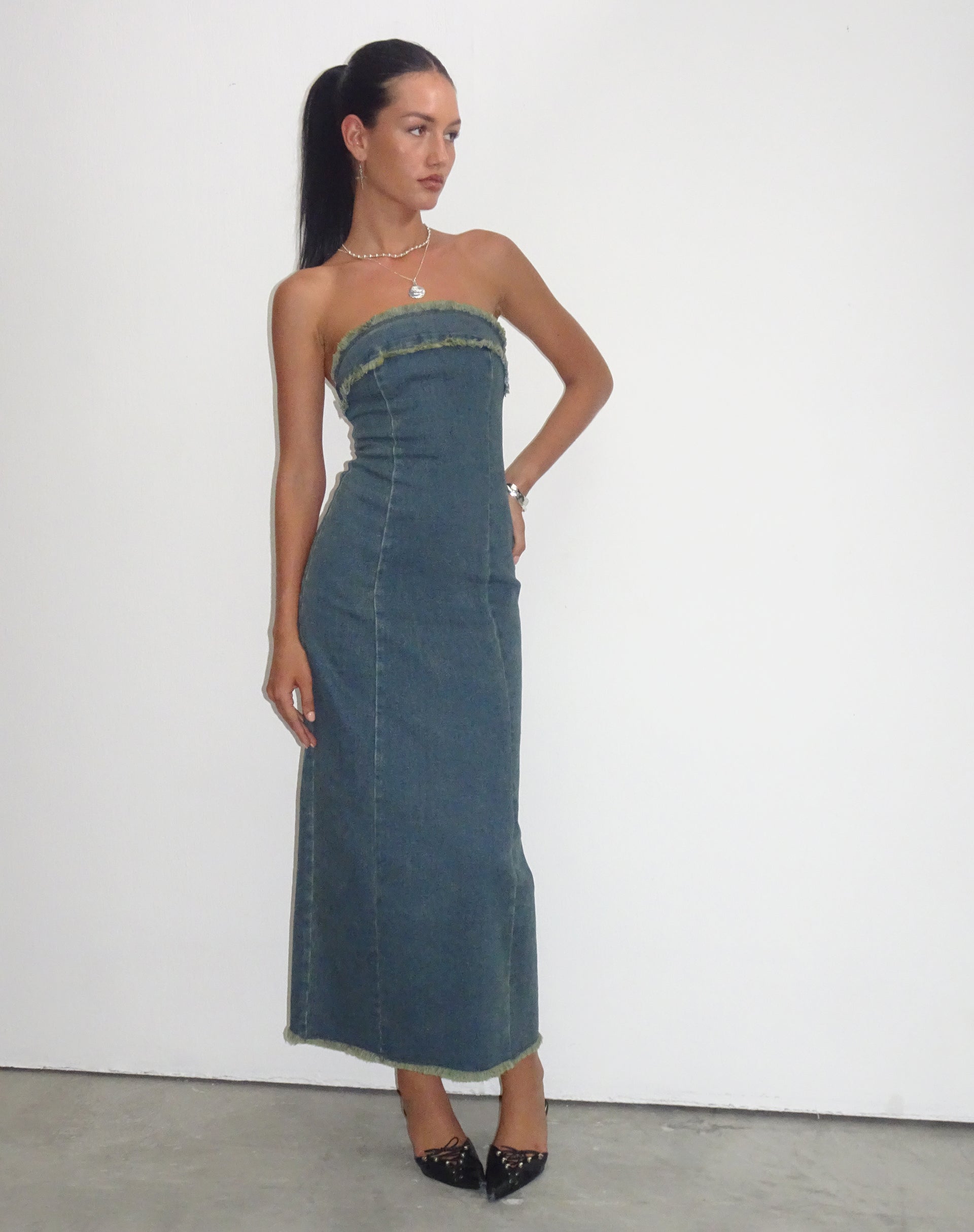 Imagen de Atun Denim Bandeau Maxi Dress in Brown Blue Acid Wash