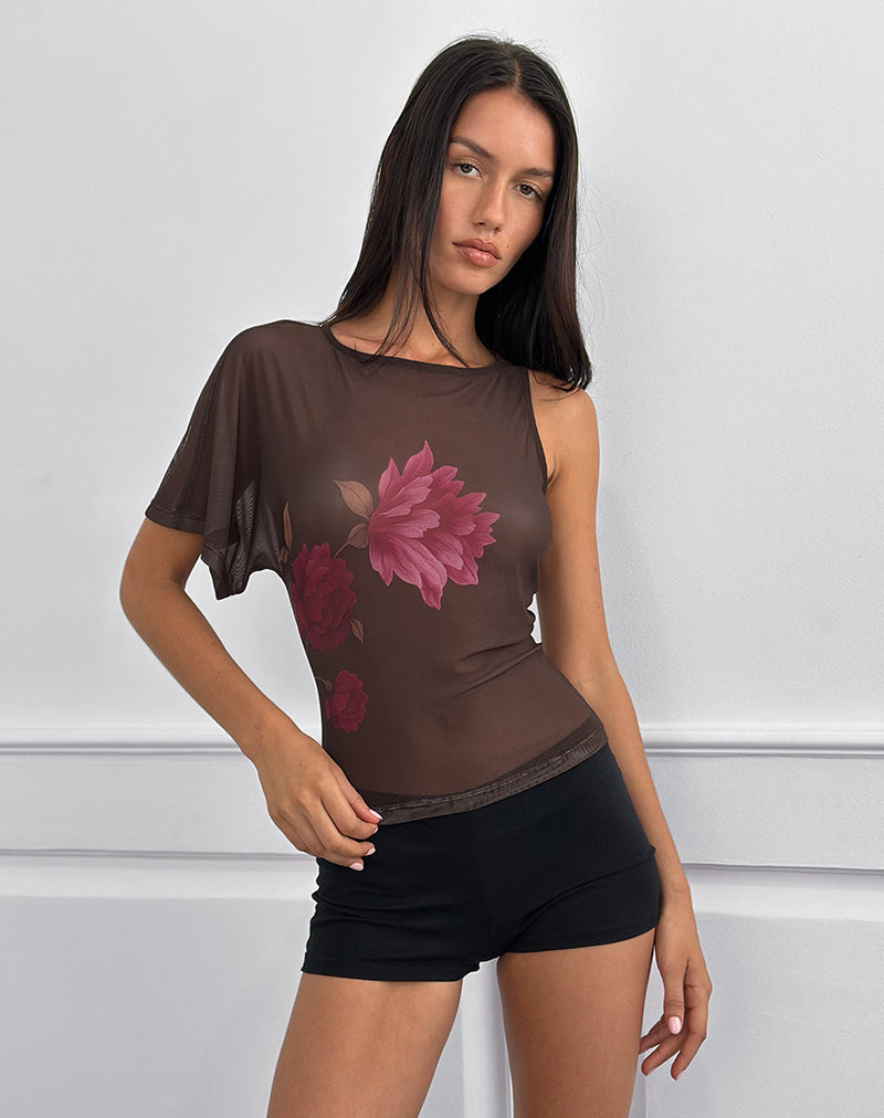 Top de un hombro Balsa en marrón con estampado de flores rosas