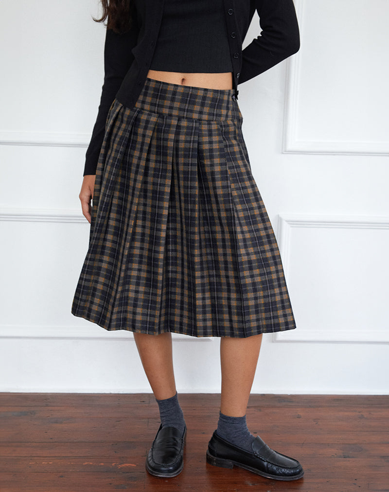 Falda midi plisada Catelyn de cuadros azul marino y mostaza