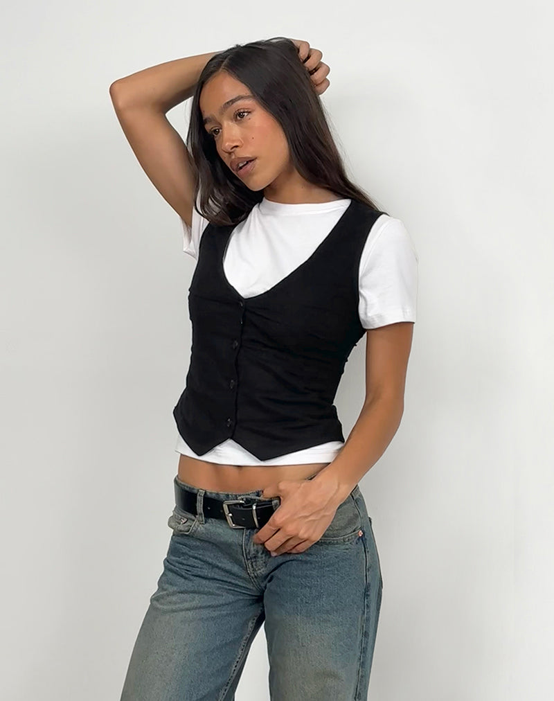 Chaleco con botones Cyna en lino negro