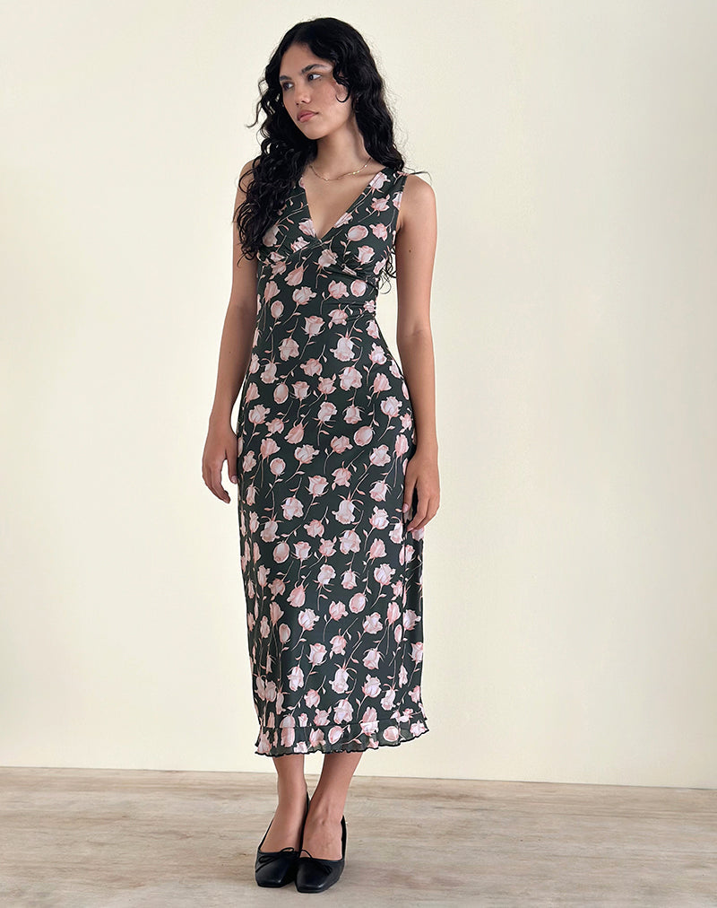 Vestido Gabriela Midi en Falling Rose Negro Azabache