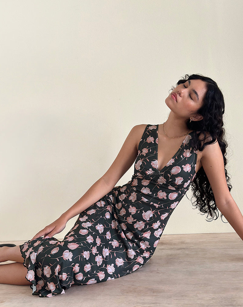 Vestido Gabriela Midi en Falling Rose Negro Azabache