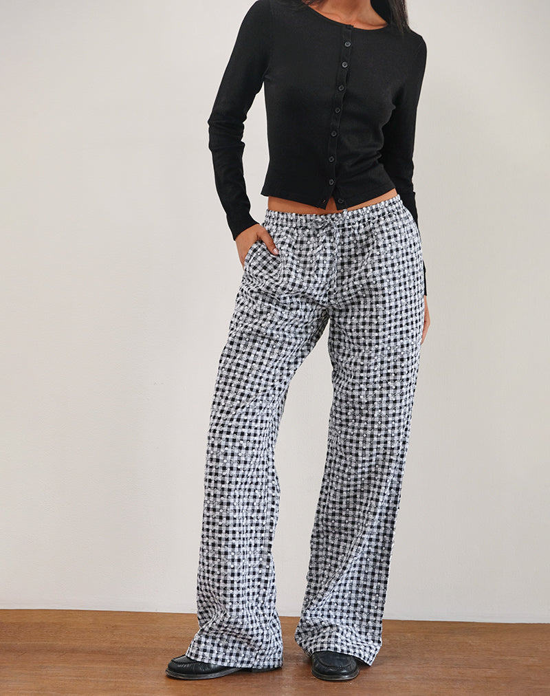 Wasic Pantalón ancho de lino en guinga floral Negro