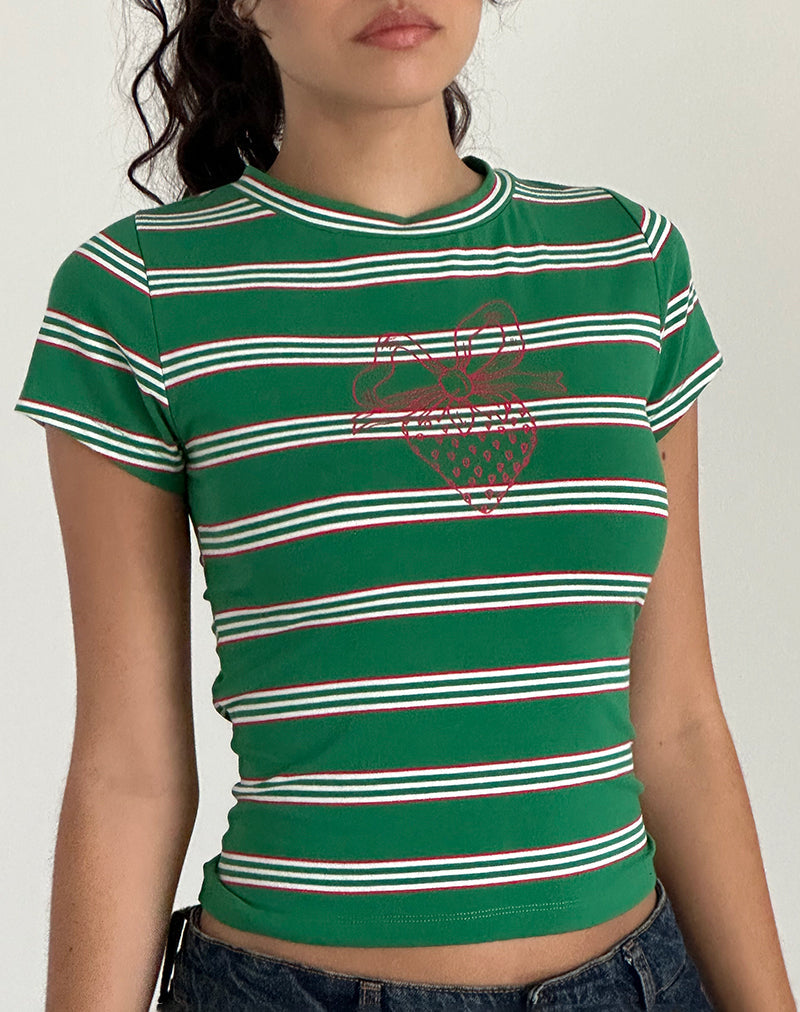 Camiseta Glenda de rayas verdes y blancas con motivo de fresas