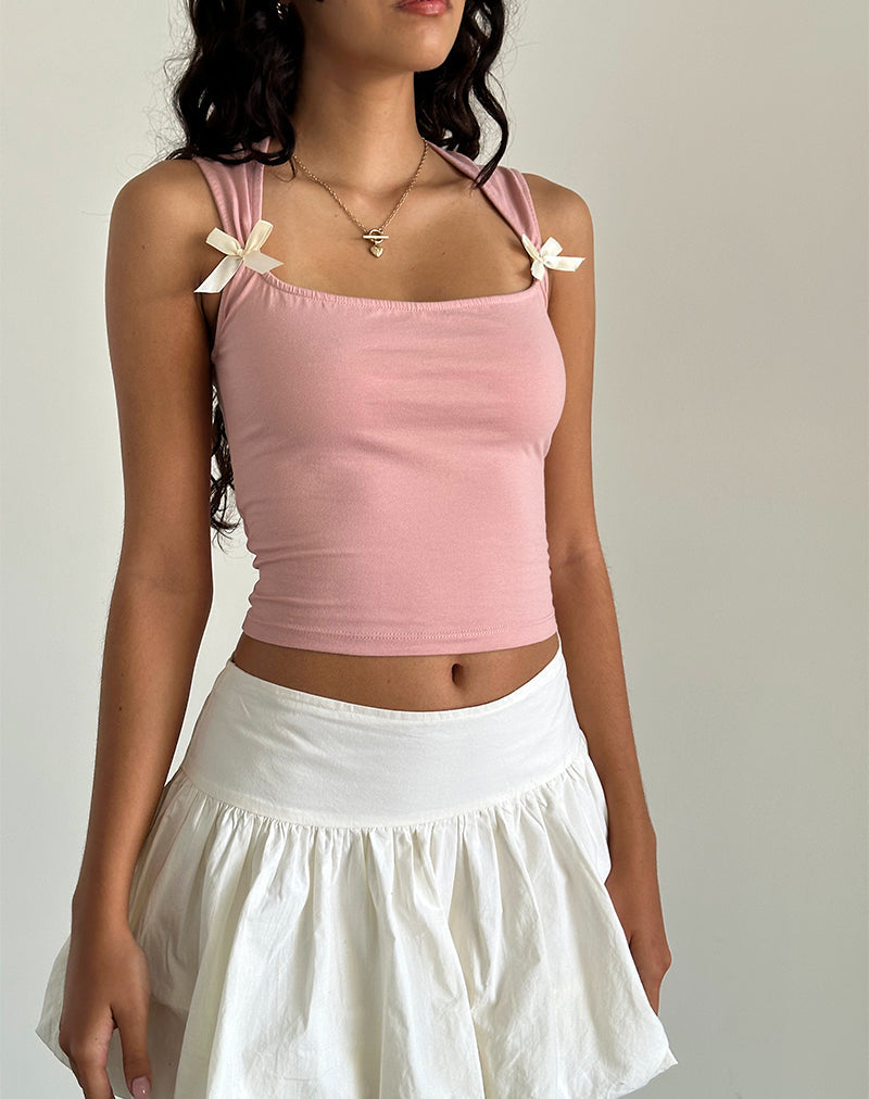 Jiniso Crop Top en Rosa Dama con Lazos Marfil