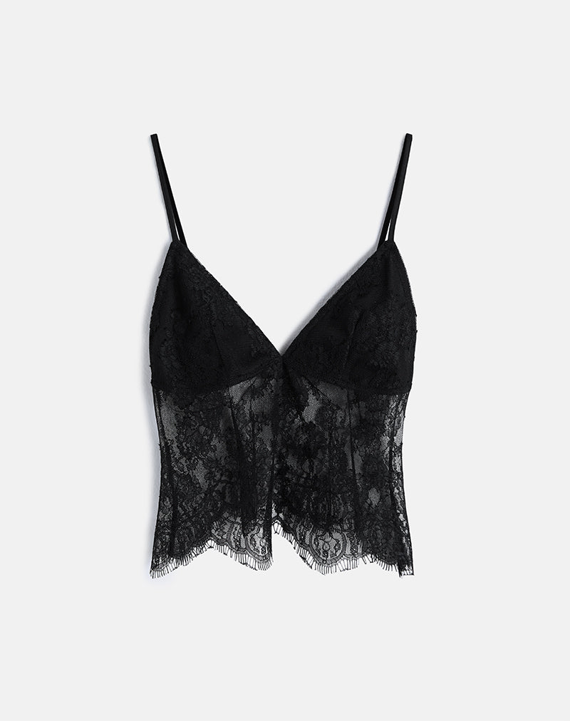 Imagen de Kaika Plunge Cami Top en encaje de pestañas Negro