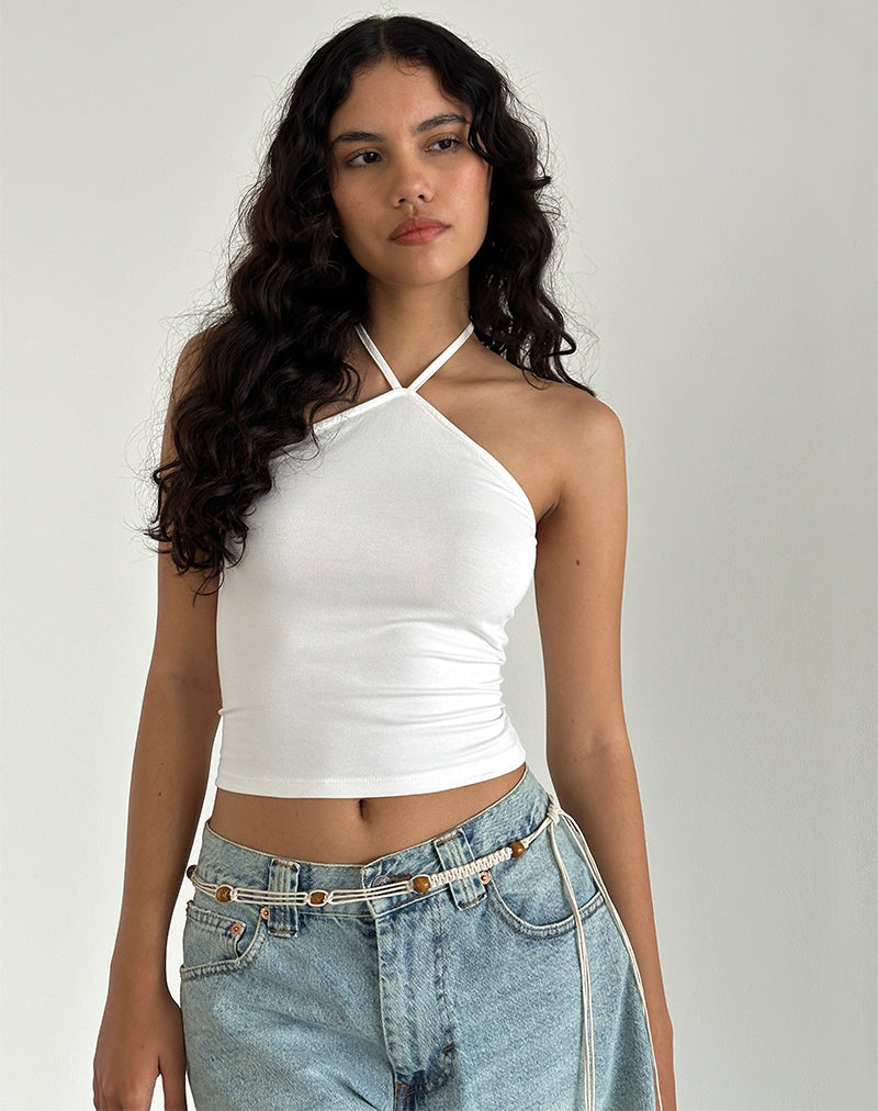 Top Layti de cuello redondo en blanco roto