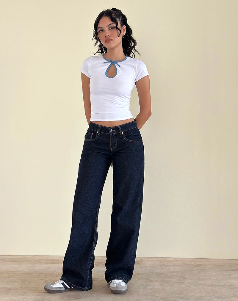 Top Monsel Tie Front en blanco con ribete vaquero desteñido