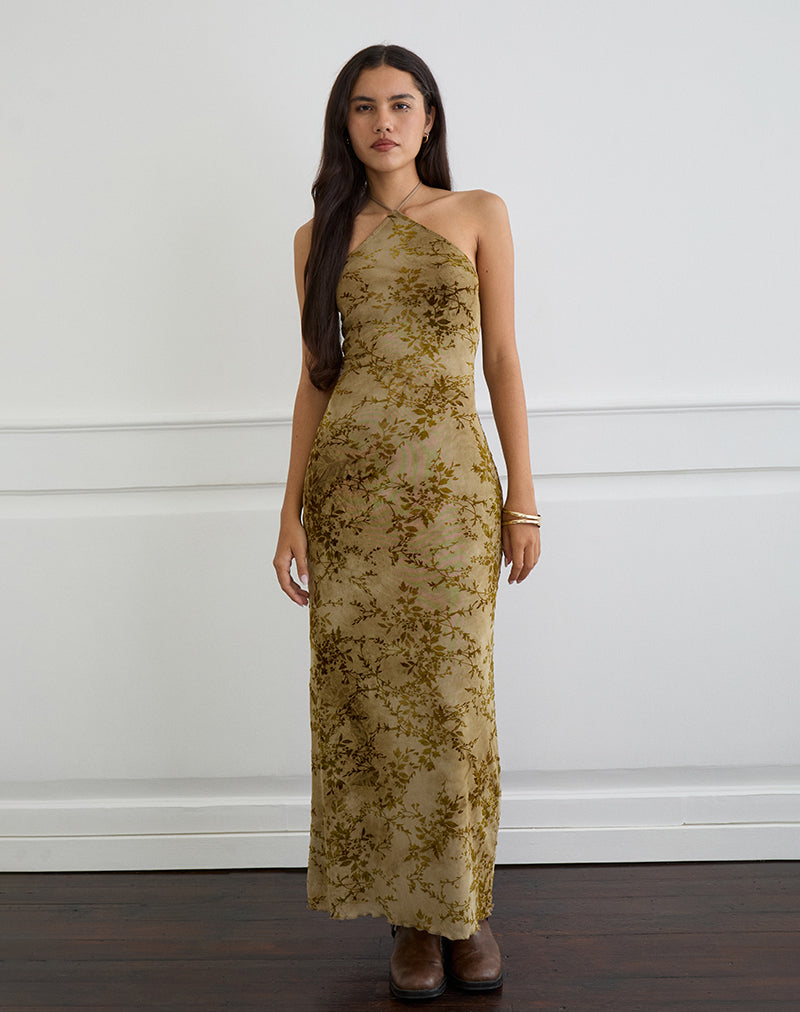 Vestido Rabika en terciopelo verde quemado