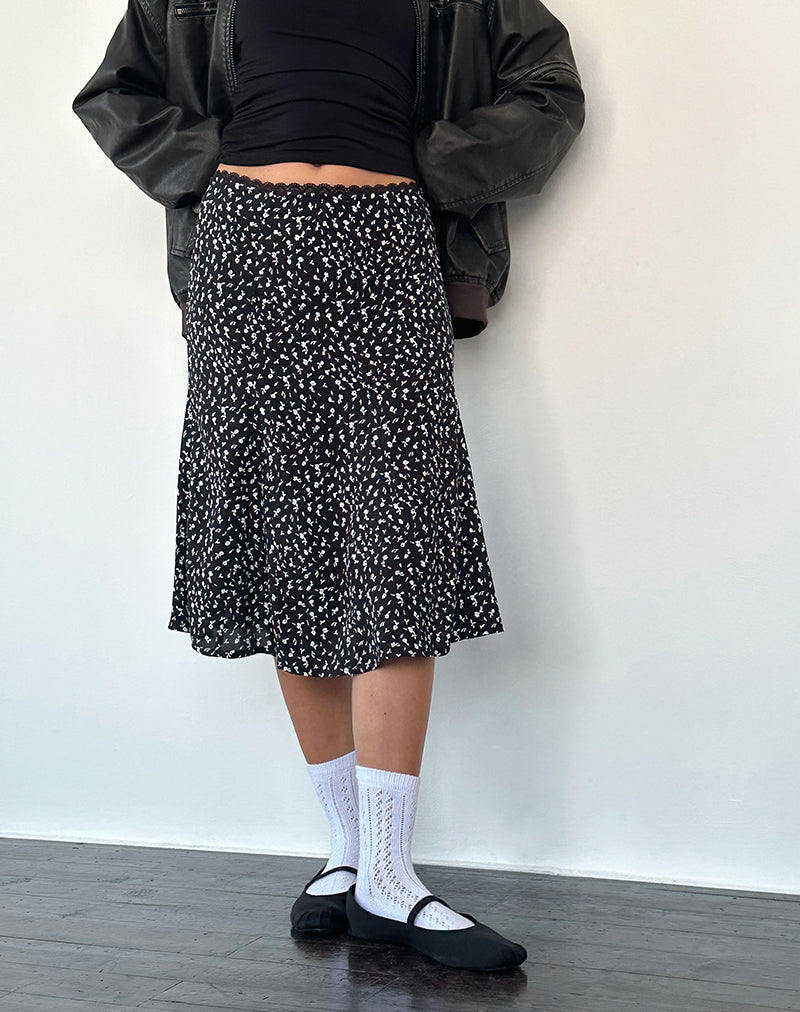 Rahyu Falda Midi en Negro Ditsy Romance