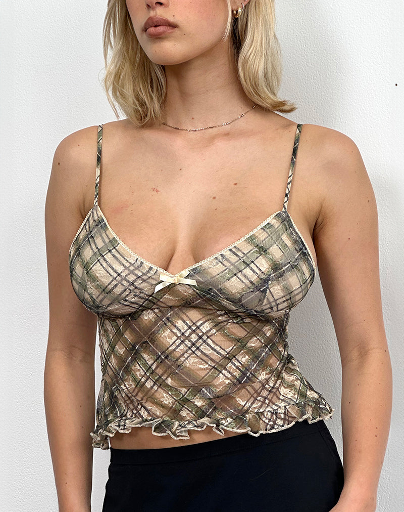 Rumaysa Cami Top de Encaje Estampado a Cuadros Retro