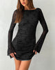 Image of Sevila Mini Vestido de Manga Larga de Malla Negro Abstracto Floral Flock