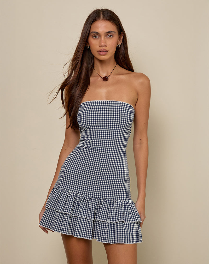 Vestido Sitav en Seersucker Gingham Azul Marino