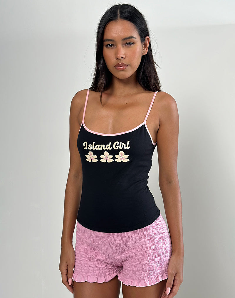 Imagen de Solani Cami Top en negro con ribete rosa bebé y estampado Island Girl