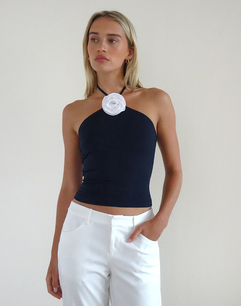 Top Tarrina de cuello redondo en azul marino oscuro con rosetón blanco