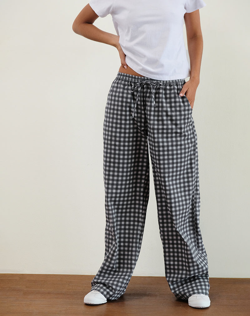 Pantalón Wasic de lino con pernera ancha en guinga tonal negra y gris