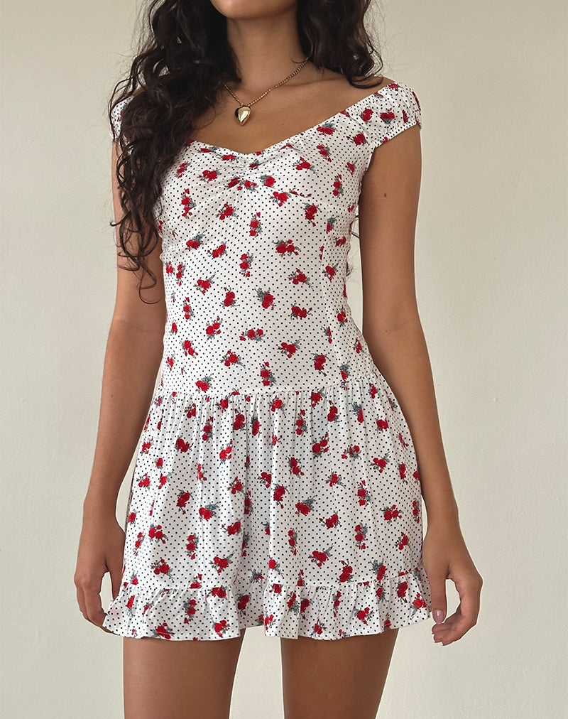 Mini Vestido Bardot Aca en Polka Rosa Blanco