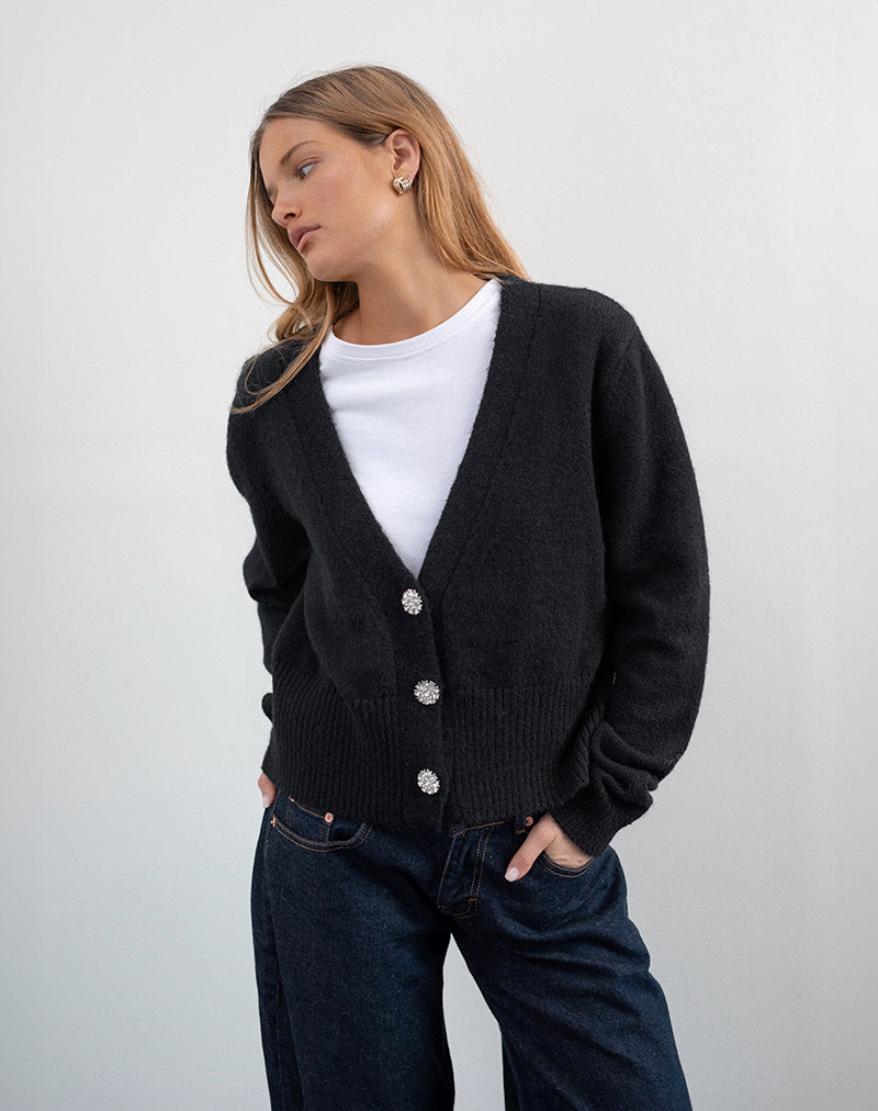 Chaqueta de punto Acera negra con botones florales plateados