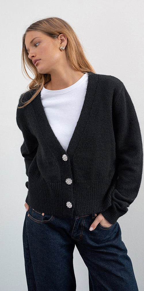 Imagen de Acera Chaqueta de punto negra con botones florales plateados