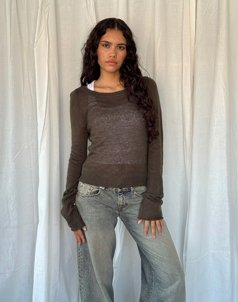 Top de punto transparente de manga larga Addison en chocolate oscuro
