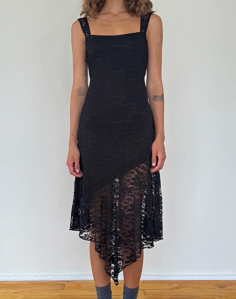 Imagen de Adeliza Vestido Midi Asimétrico de Encaje Floral Negro Azabache