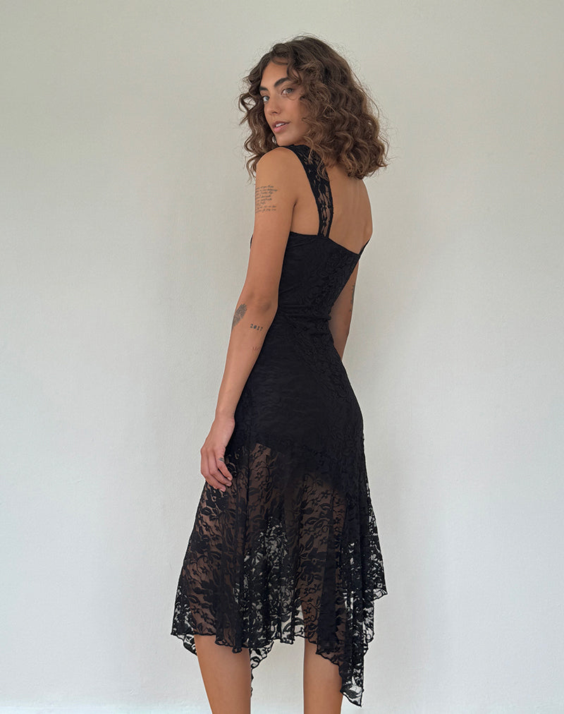 Imagen de Adeliza Vestido Midi Asimétrico de Encaje Floral Negro Azabache