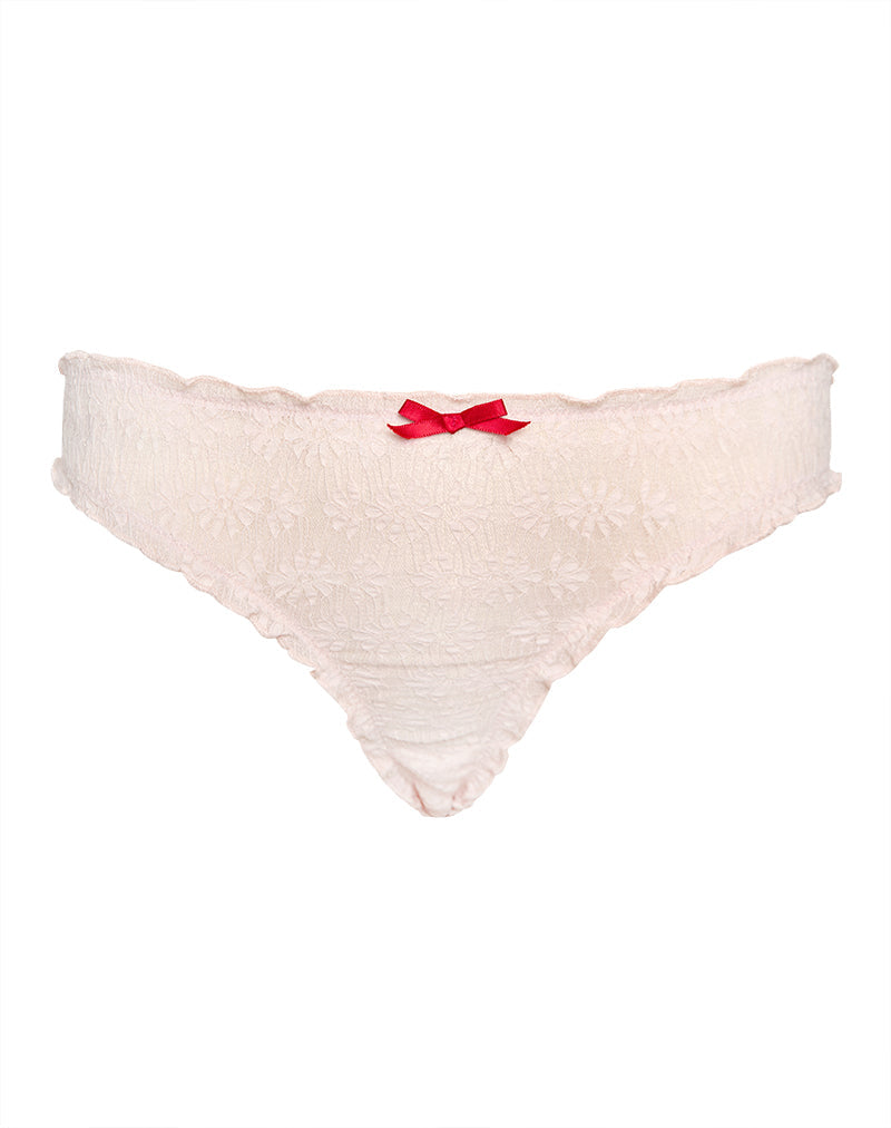 Imagen de tanga Adrienne en rosa bebé con encaje rojo y lazo