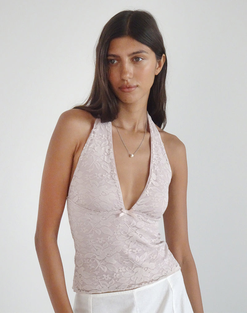 Imagen de Aksa Top de encaje rosa loto con cuello redondo