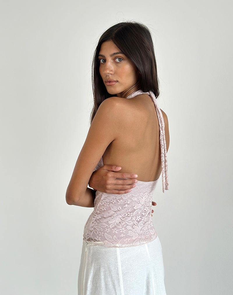 Imagen de Aksa Top de encaje rosa loto con cuello redondo