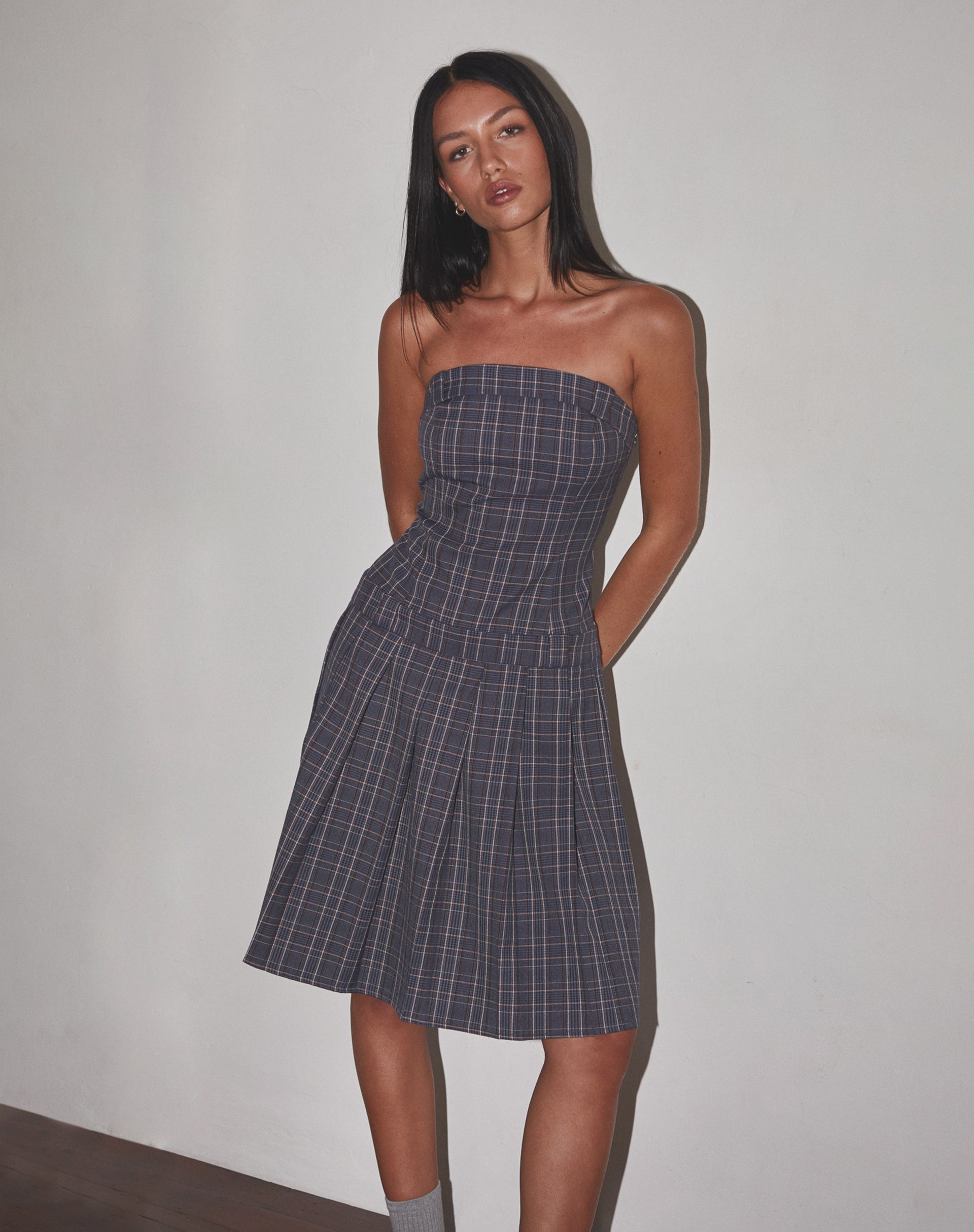 Imagen de Aldari Bandeau Midi Dress Tailoring Navy Check
