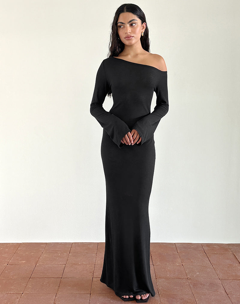 imagen de Aldiana Maxi Vestido Asimétrico de Manga Larga en Punto Transparente Negro