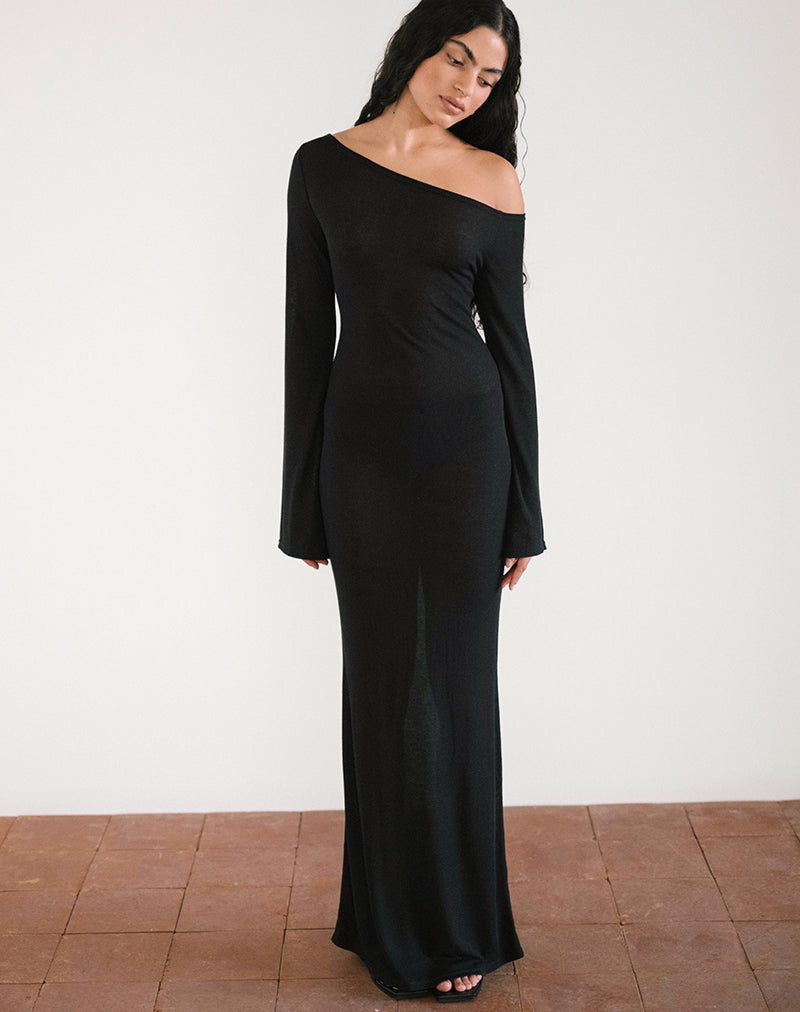 Aldiana Maxi Vestido Asimétrico de Manga Larga en Punto Transparente Negro