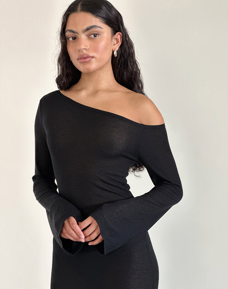 imagen de Aldiana Maxi Vestido Asimétrico de Manga Larga en Punto Transparente Negro