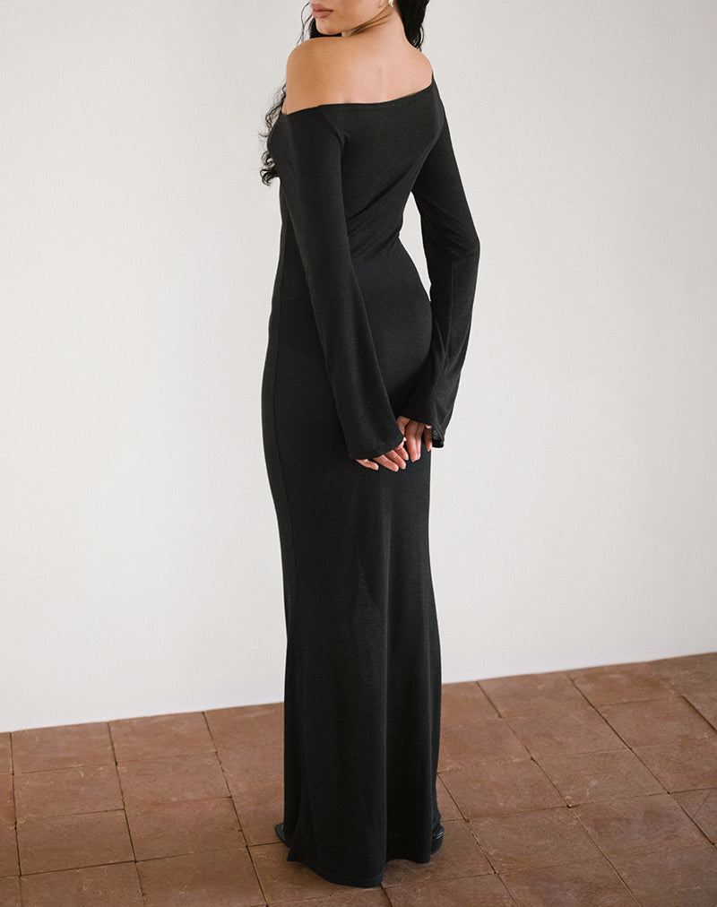 Aldiana Maxi Vestido Asimétrico de Manga Larga en Punto Transparente Negro