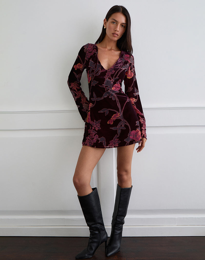 Mini Vestido Alitra en Floral Devore Borgoña