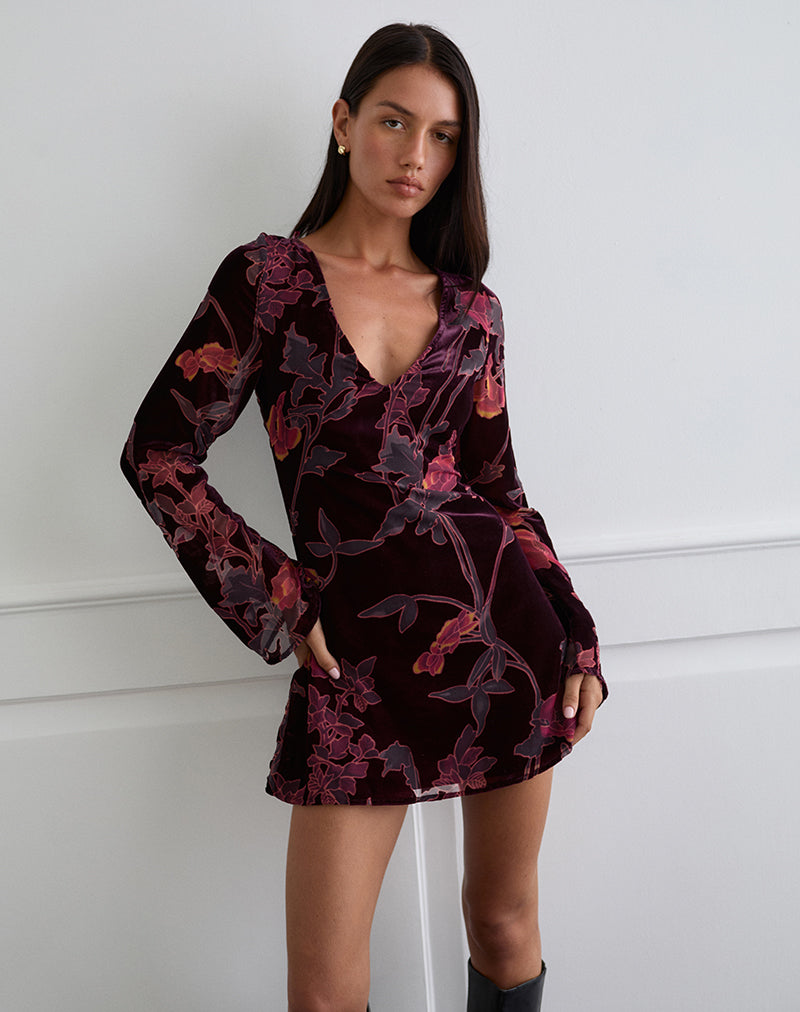 Imágenes de Mini Vestido Alitra en Floral Devore Borgoña