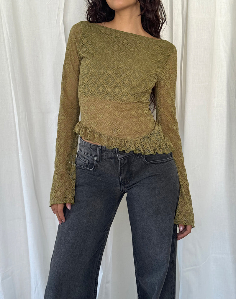 Top Allegra de manga larga en encaje verde musgo texturizado