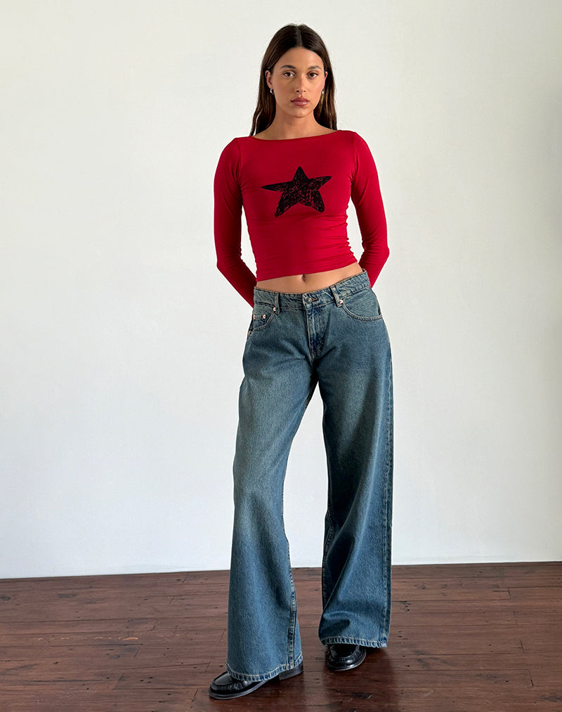 Image of Amabon Top de manga larga en rojo adrenalina con estrella negra