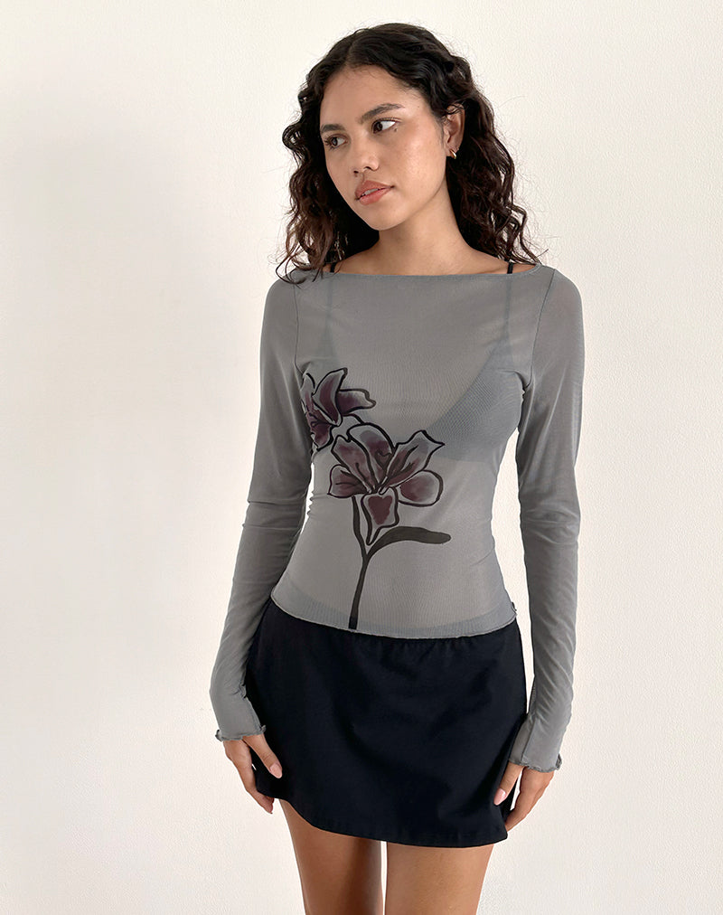 Top de manga larga Amabon en gris oscuro con lirio burdeos