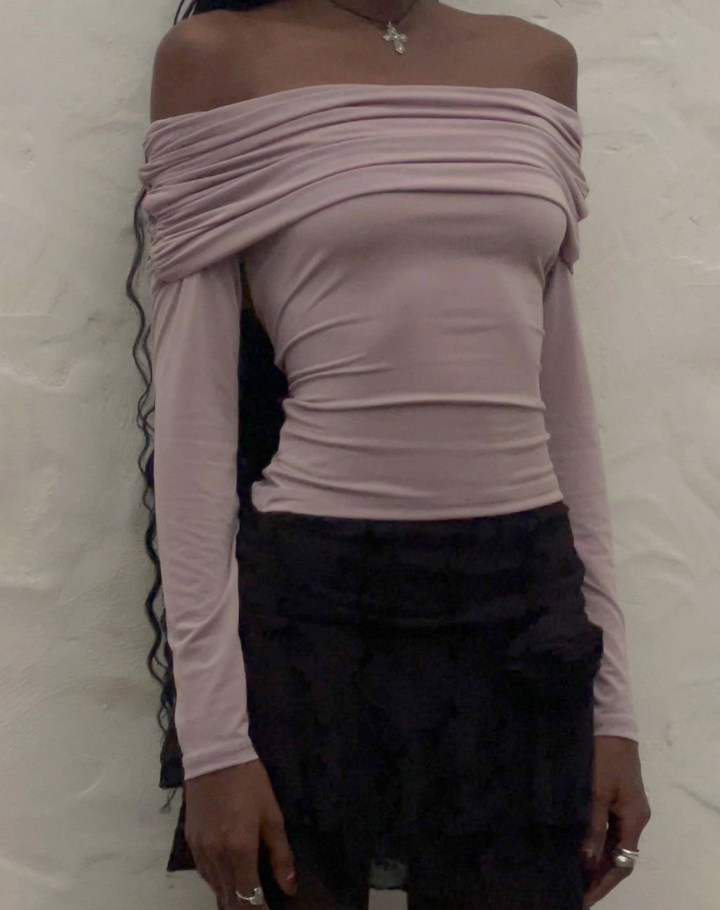 Top Andi de manga larga con escote Bardot en Slinky Malva