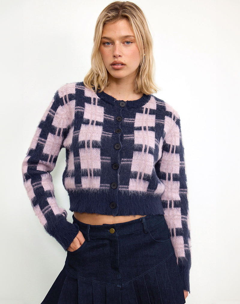 Imagen de Anzio Button Up Cardi In Multi Check Navy and Pink
