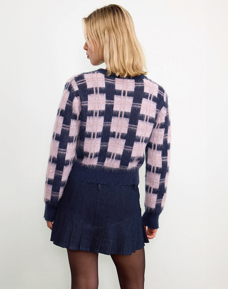 Imagen de Anzio Button Up Cardi In Multi Check Navy and Pink