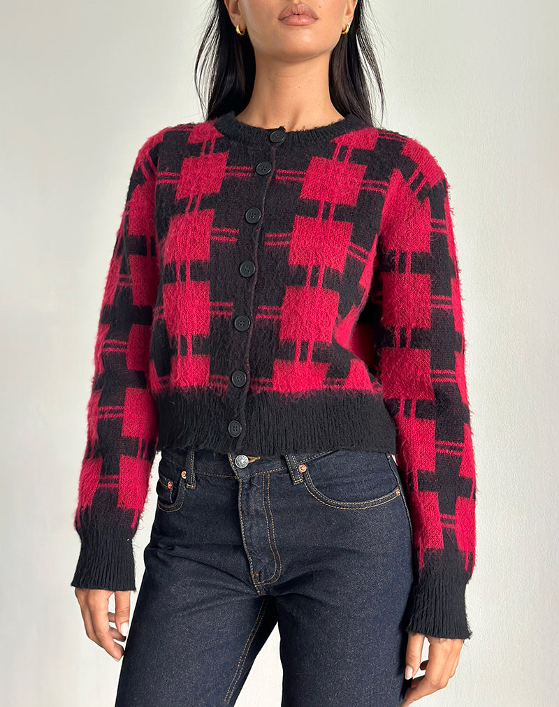 Imagen de Anzio Cardigan en punto de cuadros negros y rojos