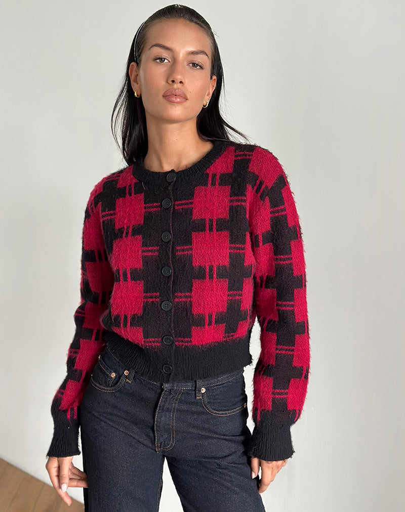Imagen de Anzio Cardigan en punto de cuadros negros y rojos