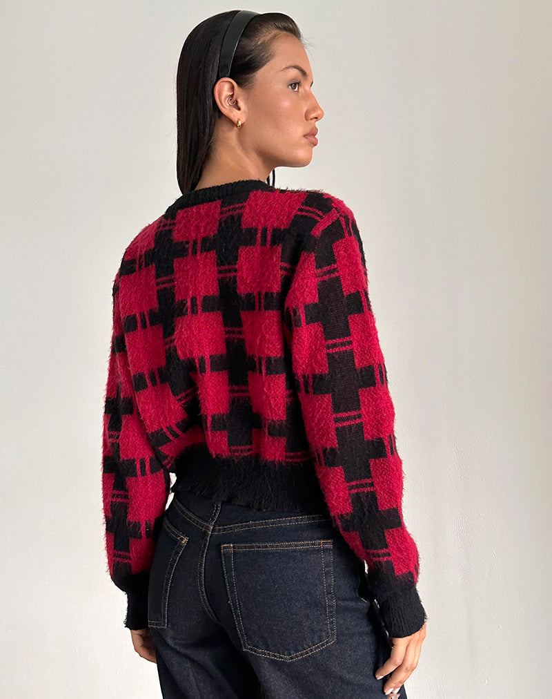 Imagen de Anzio Cardigan en punto de cuadros negros y rojos