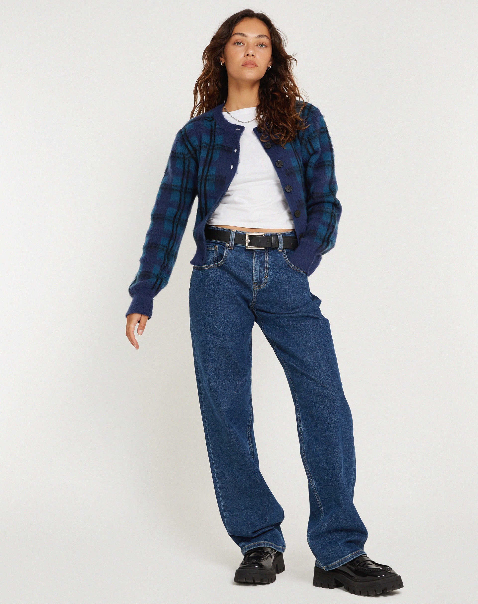 imagen de Anzio Button Up Cardi en cuadros azul marino