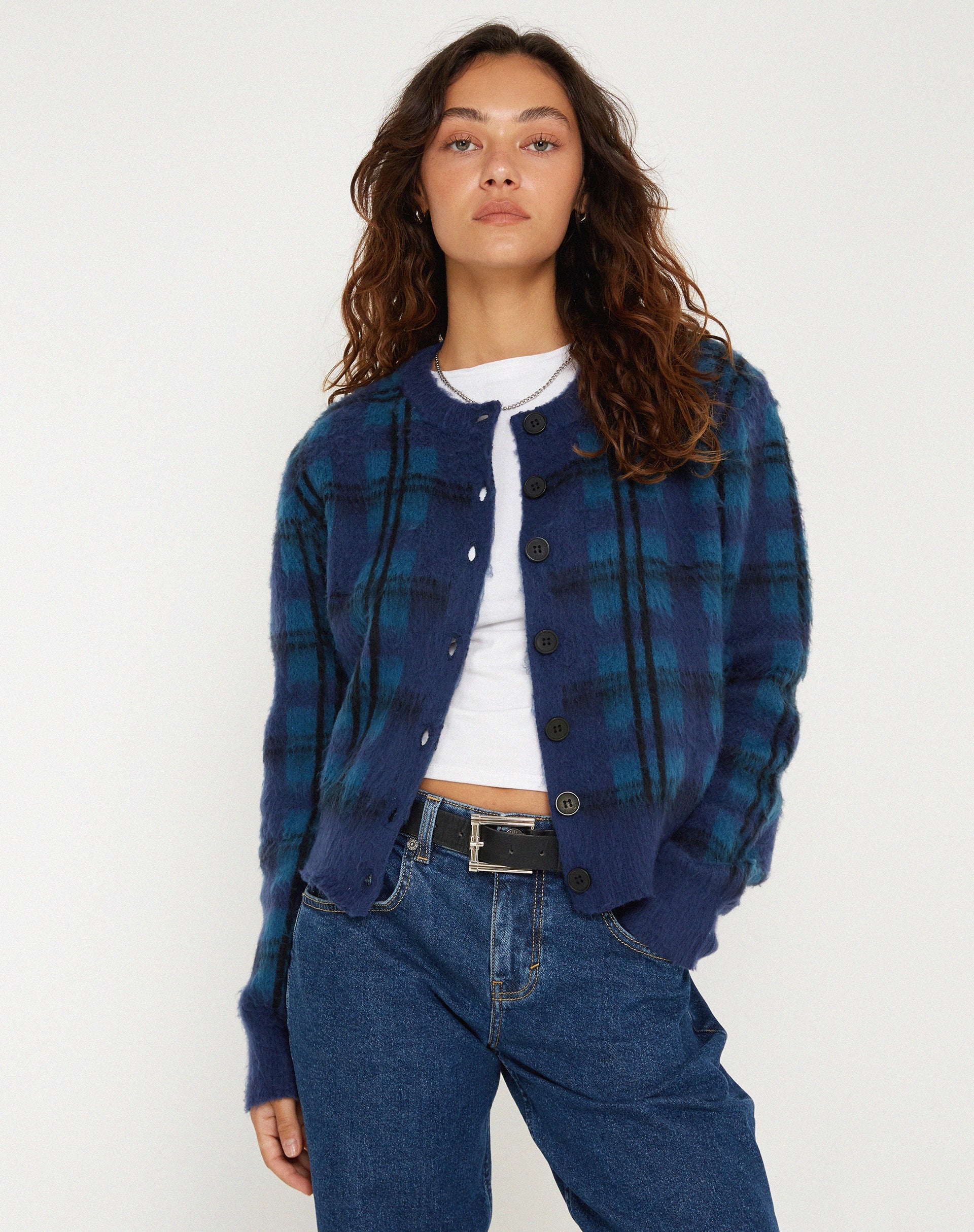 imagen de Anzio Button Up Cardi en cuadros azul marino